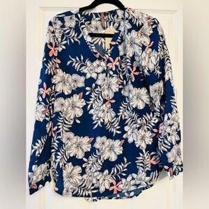 Brina & EM Blue Floral Blouse V Neck Blue White Women Size Small NWT